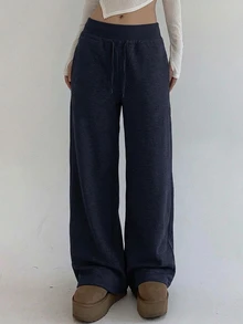 DAZY Women's Casual Sports Solid Color Relaxed Fit Drawstring Waist Long Pants, Spring/Summer Sweatpants - Navy Blue - View 2