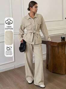 DAZY Autumn/Winter New Loose Casual Distressed Denim Women's Suit Set - Apricot - View 6