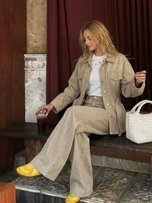 DAZY Autumn/Winter New Loose Casual Distressed Denim Women's Suit Set - Apricot - View 3