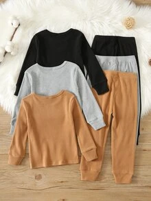 SHEIN 6件組兒童小男孩秋冬休閒基礎T恤與長褲套裝，基礎居家服多件套裝，男孩居家服，秋冬居家服，修身居家服 - 彩色 - 查看 2