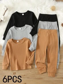 SHEIN 6件組兒童小男孩秋冬休閒基礎T恤與長褲套裝，基礎居家服多件套裝，男孩居家服，秋冬居家服，修身居家服 - 彩色 - 查看 1