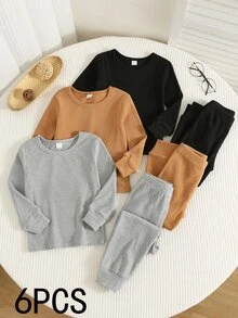 SHEIN 6件組兒童小男孩秋冬休閒基礎T恤與長褲套裝，基礎居家服多件套裝，男孩居家服，秋冬居家服，修身居家服 - 彩色 - 查看 3