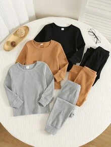 SHEIN 6件組兒童小男孩秋冬休閒基礎T恤與長褲套裝，基礎居家服多件套裝，男孩居家服，秋冬居家服，修身居家服 - 彩色 - 查看 4