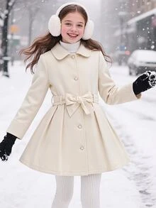 SHEIN Elladie kids 青少年女孩長袖抓絨秋季服飾 時尚冬季職業日羊毛混紡中長款外套 優雅人造毛領繫帶夾克 - 米色 - 查看 5