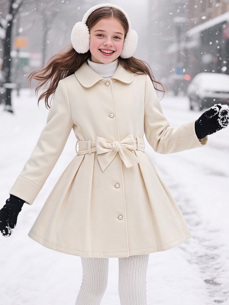 SHEIN Elladie kids معطف خريفي متوسط الطول للبنات المراهقات، أكمام طويلة من الصوف المخملي، ملابس خريفية عصرية ليوم المهنة الشتوي، مزيج صوف، جاكيت أنيق بياقة من الفرو الصناعي وحزام - بيج - مشاهدة 4
