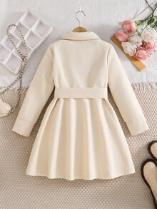 SHEIN Elladie kids 青少年女孩長袖抓絨秋季服飾 時尚冬季職業日羊毛混紡中長款外套 優雅人造毛領繫帶夾克 - 米色 - 查看 7