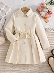 SHEIN Elladie kids 青少年女孩長袖抓絨秋季服飾 時尚冬季職業日羊毛混紡中長款外套 優雅人造毛領繫帶夾克 - 米色 - 查看 6