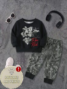 Young Boys Random Hip Hop Money Speed Racing Graphic Print Crew Neck Long Sleeve Sweatshirt And Side Stripe Jogger Pants 2pcs Set Fall Outfits - Multicolor - View 7