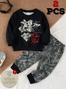Young Boys Random Hip Hop Money Speed Racing Graphic Print Crew Neck Long Sleeve Sweatshirt And Side Stripe Jogger Pants 2pcs Set Fall Outfits - Multicolor - View 5