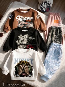 Young Boys Random Hip Hop Money Speed Racing Graphic Print Crew Neck Long Sleeve Sweatshirt And Side Stripe Jogger Pants 2pcs Set Fall Outfits - Multicolor - View 2