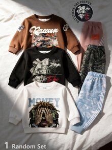 Young Boys Random Hip Hop Money Speed Racing Graphic Print Crew Neck Long Sleeve Sweatshirt And Side Stripe Jogger Pants 2pcs Set Fall Outfits - Multicolor - View 4