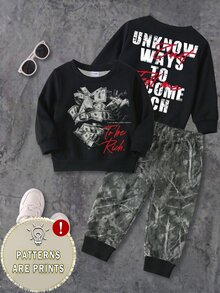 Young Boys Random Hip Hop Money Speed Racing Graphic Print Crew Neck Long Sleeve Sweatshirt And Side Stripe Jogger Pants 2pcs Set Fall Outfits - Multicolor - View 6