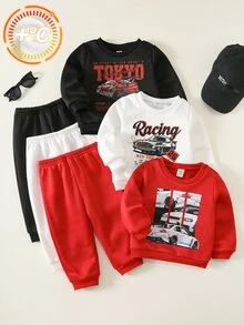 SHEIN 6pcs Baby Boy Autumn/Winter Casual Streetwear Racing Graphic Sweatshirt And Sweatpants Set, Red Basic Outfit Set, Infant Toddler Set - Multicolor - View 7