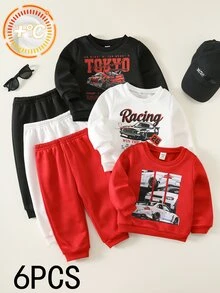 SHEIN 6pcs Baby Boy Autumn/Winter Casual Streetwear Racing Graphic Sweatshirt And Sweatpants Set, Red Basic Outfit Set, Infant Toddler Set - Multicolor - View 3