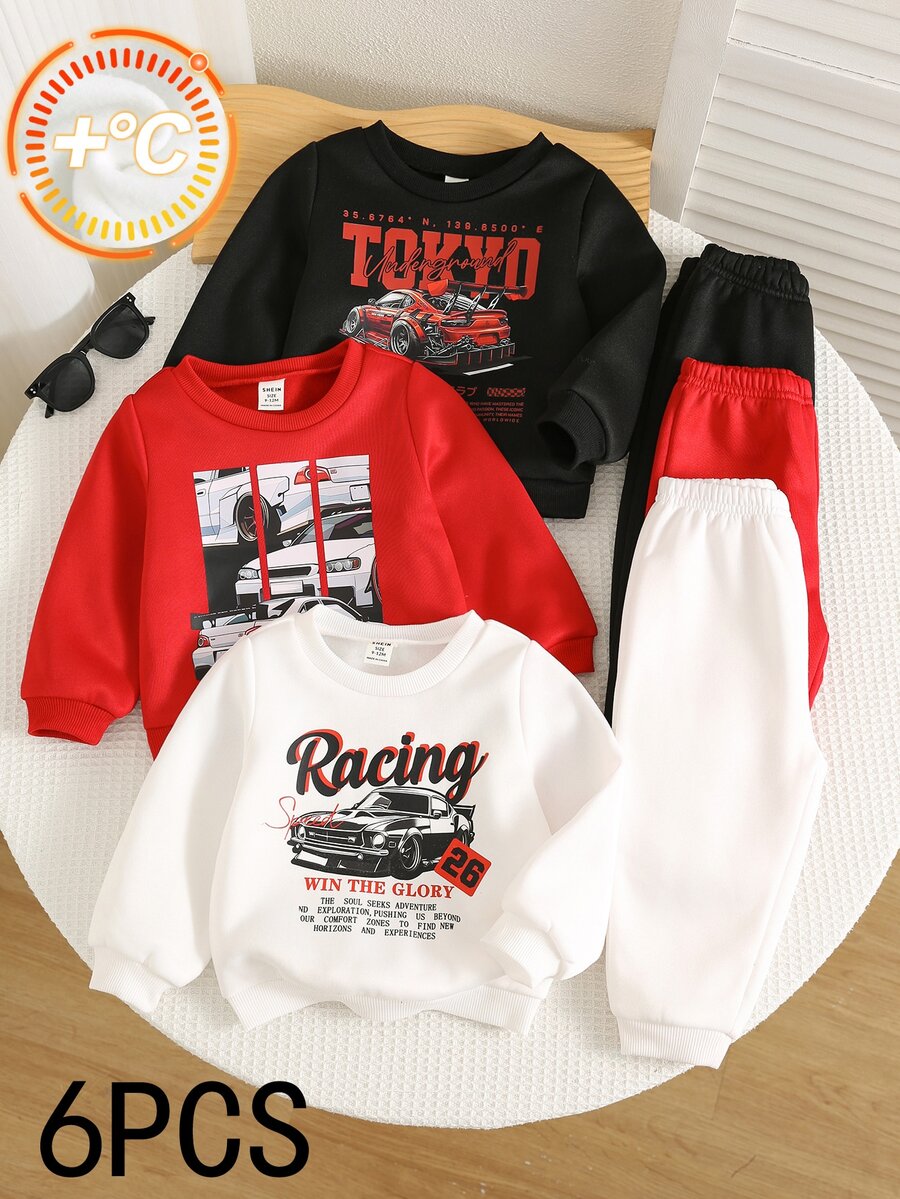 SHEIN 6pcs Baby Boy Autumn/Winter Casual Streetwear Racing Graphic Sweatshirt And Sweatpants Set, Red Basic Outfit Set, Infant Toddler Set - Multicolor - View 1