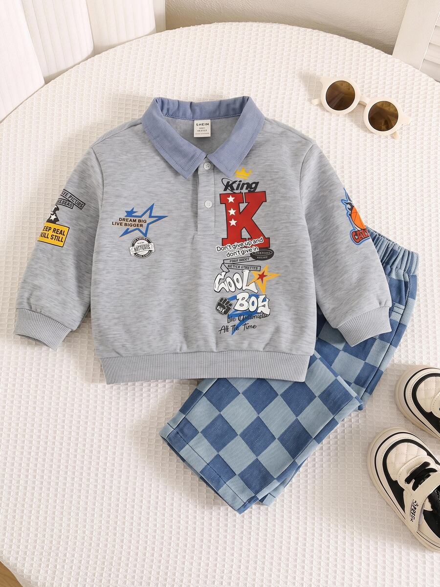 SHEIN Baby Boy Autumn/Winter Casual Letter Pattern Knitted Soft Turn Collar Long Sleeve Pullover Sweatshirt Street Style Infant Sweatshirt - Multicolor - View 1