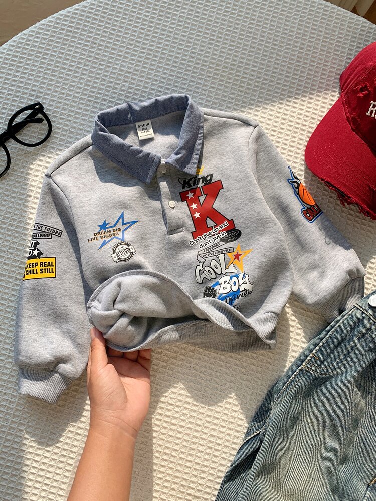 SHEIN Sweatshirt Bayi Laki-laki Musim Gugur/Dingin Motif Huruf Kasual Rajut Lembut Kerah Lipat Lengan Panjang Gaya Jalanan - MultiWarna - View 10