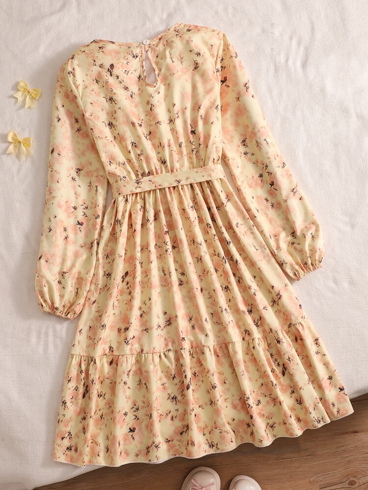 SHEIN Vintaside Kids Teen Girl Fall Dresses Casual Elegant Vacation Loose Round Neck Puff Sleeve Ruffle Floral Print Chiffon Midi Dress Cake Skirt Girls Dress Elegant F... - Yellow - View 4