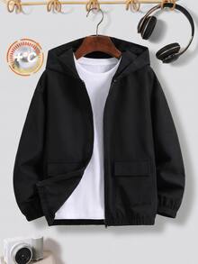 SHEIN Kids Young Boy Autumn/Winter Hooded Long Sleeve Jacket Black Jacket Boys Jacket Autumn/Winter Jacket - Multicolor - View 8