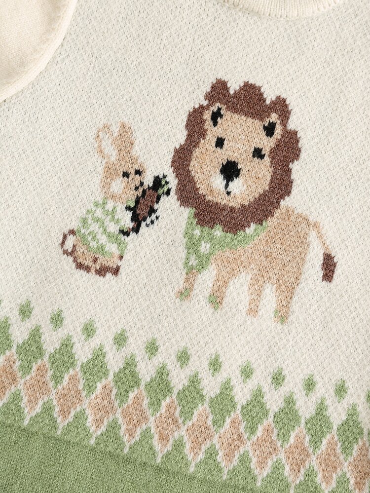 SHEIN Newborn Baby Boy Baby Girl Autumn/Winter Argyle Lion Pattern Sweater Romper, Cute Sweater Romper, Infant Romper, Autumn/Winter Romper, Green Romper - Multicolor - View 5