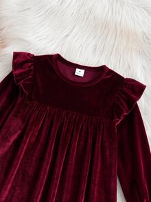 女童小女孩紅色聖誕可愛度假休閒杏色格紋蝴蝶結長袖寬鬆洋裝，秋季花卉洋裝，返校穿搭，派對穿著 - 酒紅色 - 查看 7