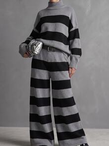 LUMIGAL Two Tone Striped Pattern Drop Shoulder High Neck Sweater & Wide Leg Knit Pants Set - Multicolor - View 5