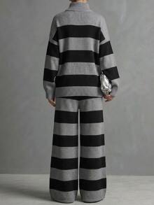 LUMIGAL Two Tone Striped Pattern Drop Shoulder High Neck Sweater & Wide Leg Knit Pants Set - Multicolor - View 3