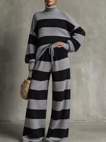 LUMIGAL Two Tone Striped Pattern Drop Shoulder High Neck Sweater & Wide Leg Knit Pants Set - Multicolor - View 7