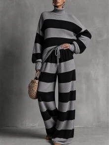 LUMIGAL Two Tone Striped Pattern Drop Shoulder High Neck Sweater & Wide Leg Knit Pants Set - Multicolor - View 4