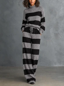 LUMIGAL Two Tone Striped Pattern Drop Shoulder High Neck Sweater & Wide Leg Knit Pants Set - Multicolor - View 2