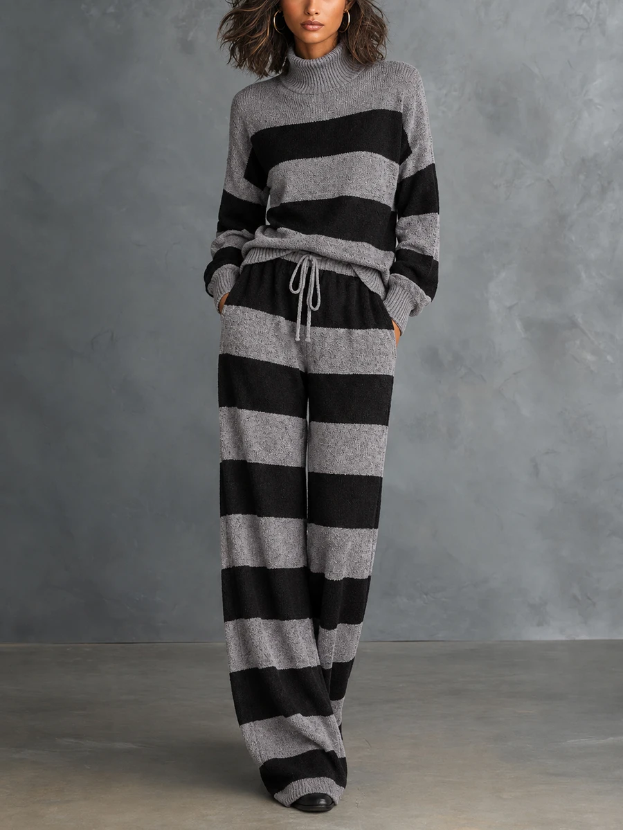LUMIGAL Two Tone Striped Pattern Drop Shoulder High Neck Sweater & Wide Leg Knit Pants Set