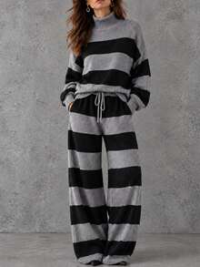 LUMIGAL Two Tone Striped Pattern Drop Shoulder High Neck Sweater & Wide Leg Knit Pants Set - Multicolor - View 8