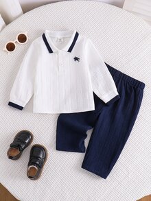 SHEIN 2件組男嬰秋冬白色襯衫、白色 Polo 衫與藍色休閒長褲套裝，襯衫套裝，Polo 套裝，嬰兒服飾，正式套裝 - 彩色 - 查看 8