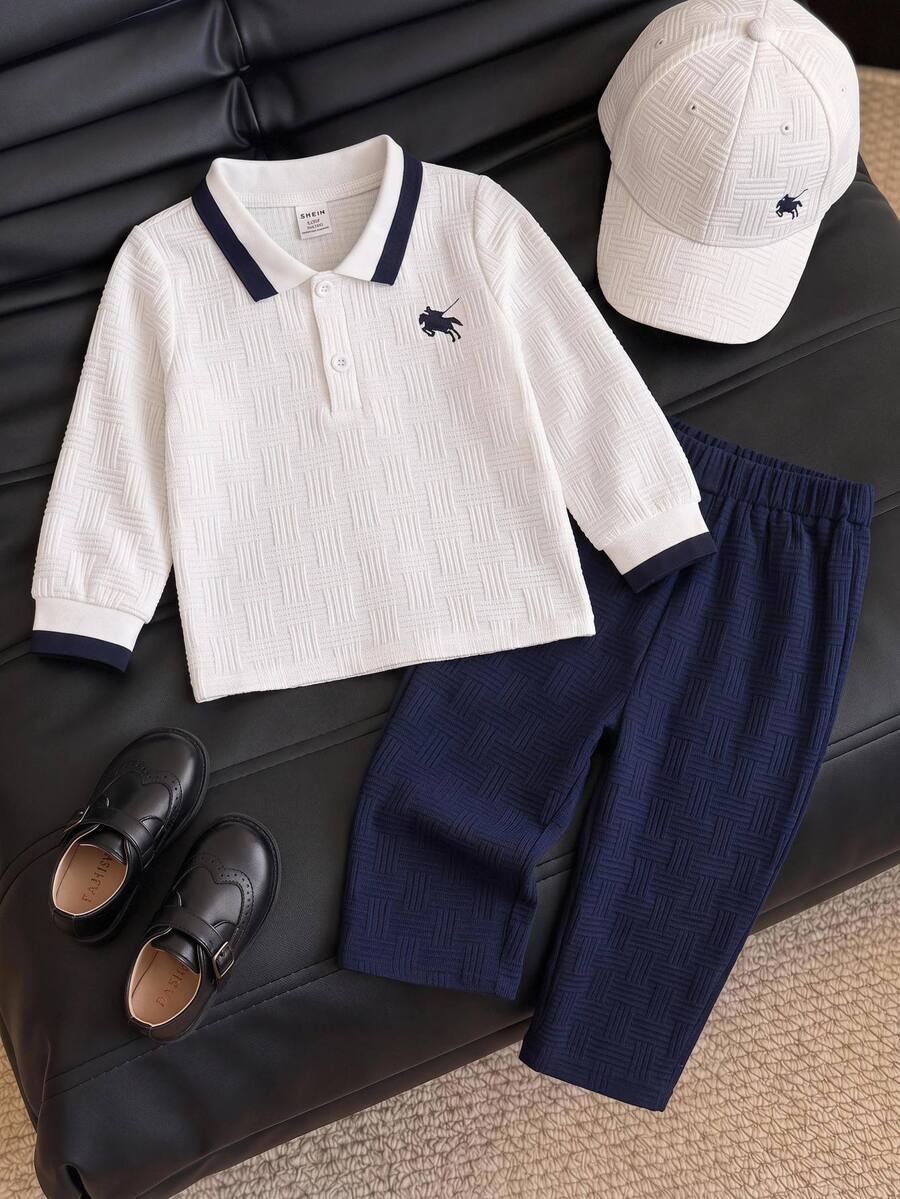 SHEIN 2件組男嬰秋冬白色襯衫、白色 Polo 衫與藍色休閒長褲套裝,襯衫套裝,Polo 套裝,嬰兒服飾,正式套裝 - 彩色 - 查看 1