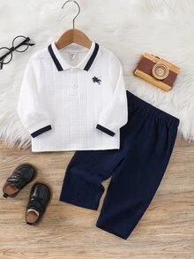 SHEIN 2件組男嬰秋冬白色襯衫、白色 Polo 衫與藍色休閒長褲套裝，襯衫套裝，Polo 套裝，嬰兒服飾，正式套裝 - 彩色 - 查看 5