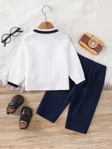 SHEIN 2件組男嬰秋冬白色襯衫、白色 Polo 衫與藍色休閒長褲套裝，襯衫套裝，Polo 套裝，嬰兒服飾，正式套裝 - 彩色 - 查看 2