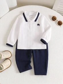 SHEIN 2件組男嬰秋冬白色襯衫、白色 Polo 衫與藍色休閒長褲套裝，襯衫套裝，Polo 套裝，嬰兒服飾，正式套裝 - 彩色 - 查看 10