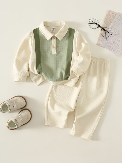 SHEIN 2pcs Baby Boy Autumn/Winter Casual Polo Sweatshirt Long Sleeve Pullover & Casual Pants Set, Hoodie Outfit, Polo Set, Infant Toddler Clothing Set