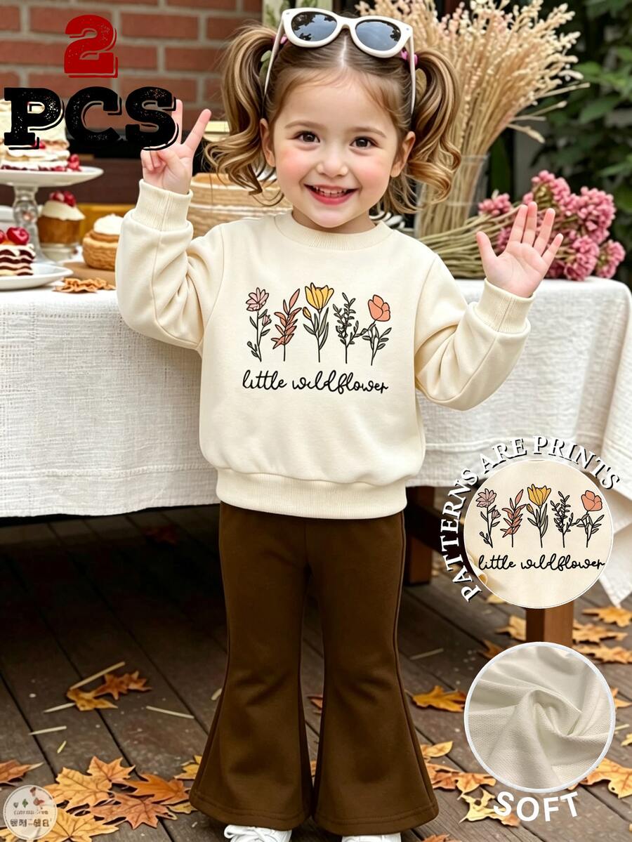 SHEIN Vintaside Kids Baby Girl Wildflower Print Crew Neck Sweatshirt And Flare Pants 2Pcs Outfit Set Cute Fall Winter Clothes - Multicolor - View 1