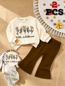 SHEIN Vintaside Kids Baby Girl Wildflower Print Crew Neck Sweatshirt And Flare Pants 2Pcs Outfit Set Cute Fall Winter Clothes - Multicolor - View 3