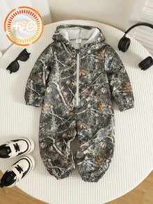 SHEIN 男嬰秋冬休閒樹枝印花連帽拉鍊保暖連身衣 - 彩色 - 查看 3