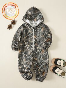 SHEIN 男嬰秋冬休閒樹枝印花連帽拉鍊保暖連身衣 - 彩色 - 查看 8
