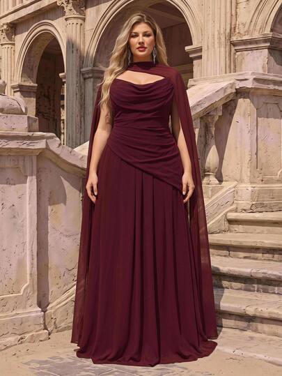 Glamrae Plus Size Elegant Burgundy Strapless Cinched Waist Pleated Plus Size A-Line Skirt (Detachable Strapless Overlay) Suitable For Date, Bachelorette Party, Wedding, Formal Evening Event, Bridesmaid Dress