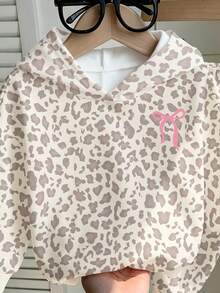 1 Set Baby Girls Cute Bow & Leopard Print Fuzzy Hooded Long Sleeve Pullover Sweatshirt And Matching Sweatpants Set, Suitable For Autumn/Winter - Multicolor - View 4