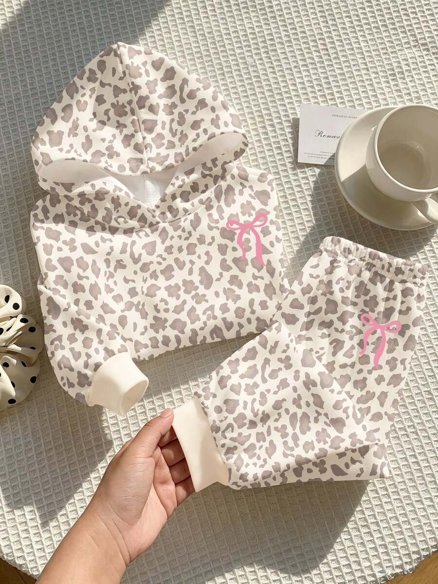 1 Set Baby Girls Cute Bow & Leopard Print Fuzzy Hooded Long Sleeve Pullover Sweatshirt And Matching Sweatpants Set, Suitable For Autumn/Winter - Multicolor - View 1