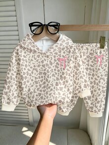 1 Set Baby Girls Cute Bow & Leopard Print Fuzzy Hooded Long Sleeve Pullover Sweatshirt And Matching Sweatpants Set, Suitable For Autumn/Winter - Multicolor - View 3