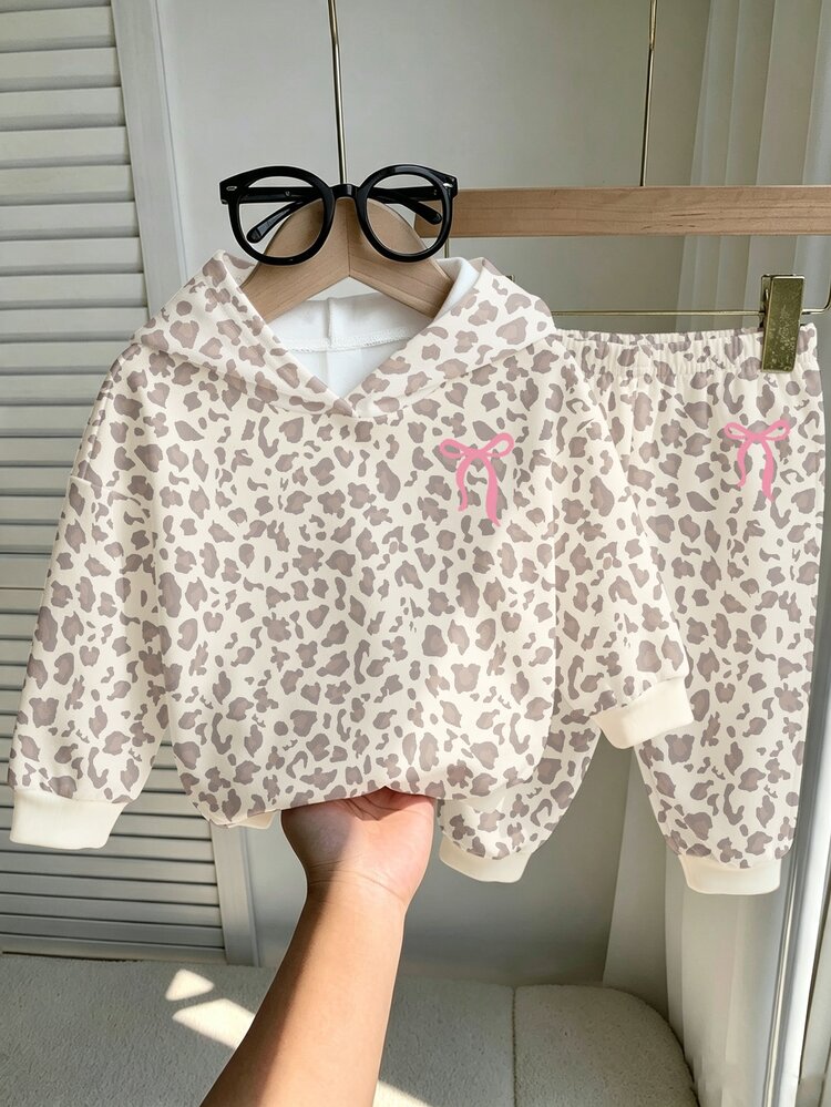 1 Set Baby Girls Cute Bow & Leopard Print Fuzzy Hooded Long Sleeve Pullover Sweatshirt And Matching Sweatpants Set, Suitable For Autumn/Winter - Multicolor - View 3