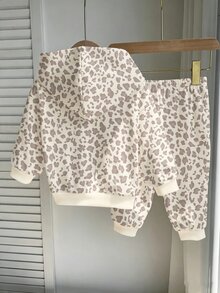 1 Set Baby Girls Cute Bow & Leopard Print Fuzzy Hooded Long Sleeve Pullover Sweatshirt And Matching Sweatpants Set, Suitable For Autumn/Winter - Multicolor - View 2