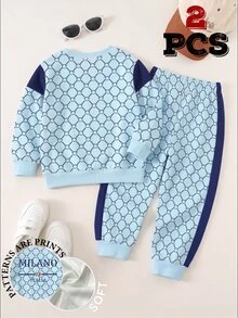 SHEIN 2 Random PCS: Baby Boy Autumn 2pcs Outfits Casual Striped Letter Print Long Sleeve Sweatshirt Jogger Pants Co-Ords Fall Back To School Sporty Clothes - Multicolor - View 2