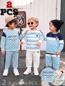 SHEIN 2 Random PCS: Baby Boy Autumn 2pcs Outfits Casual Striped Letter Print Long Sleeve Sweatshirt Jogger Pants Co-Ords Fall Back To School Sporty Clothes - Multicolor - View 3